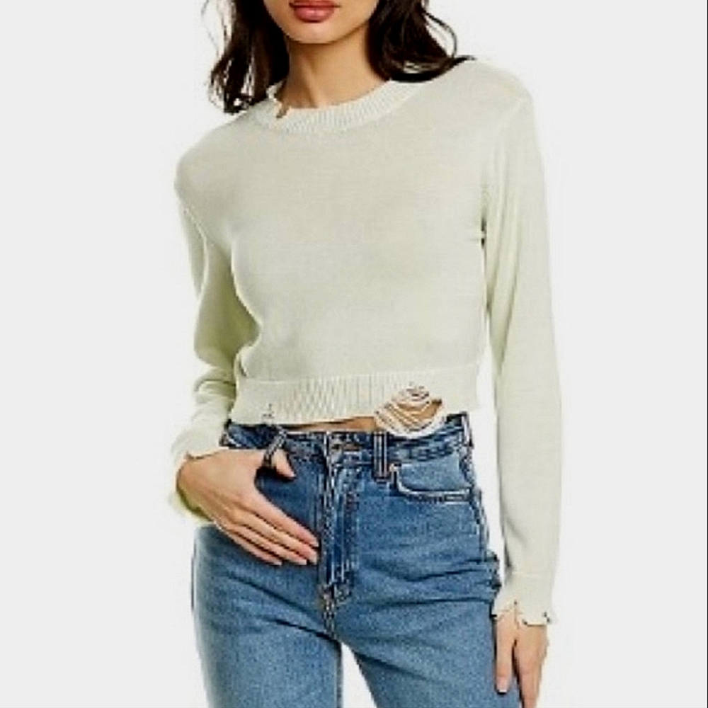 Revolve 525 America Ivory Distressed Long Sleeve Cropped Sweater‎ In Chalk